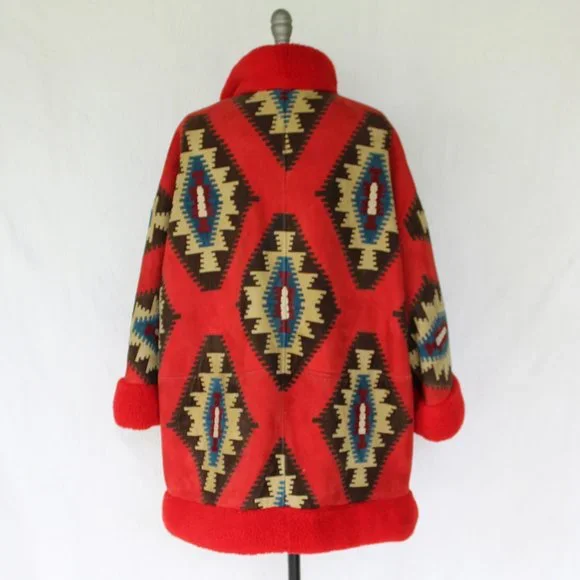 Vintage Valentino Boutique Shearling leather suede Aztec Tribal jacket coat - Picture 9 of 13